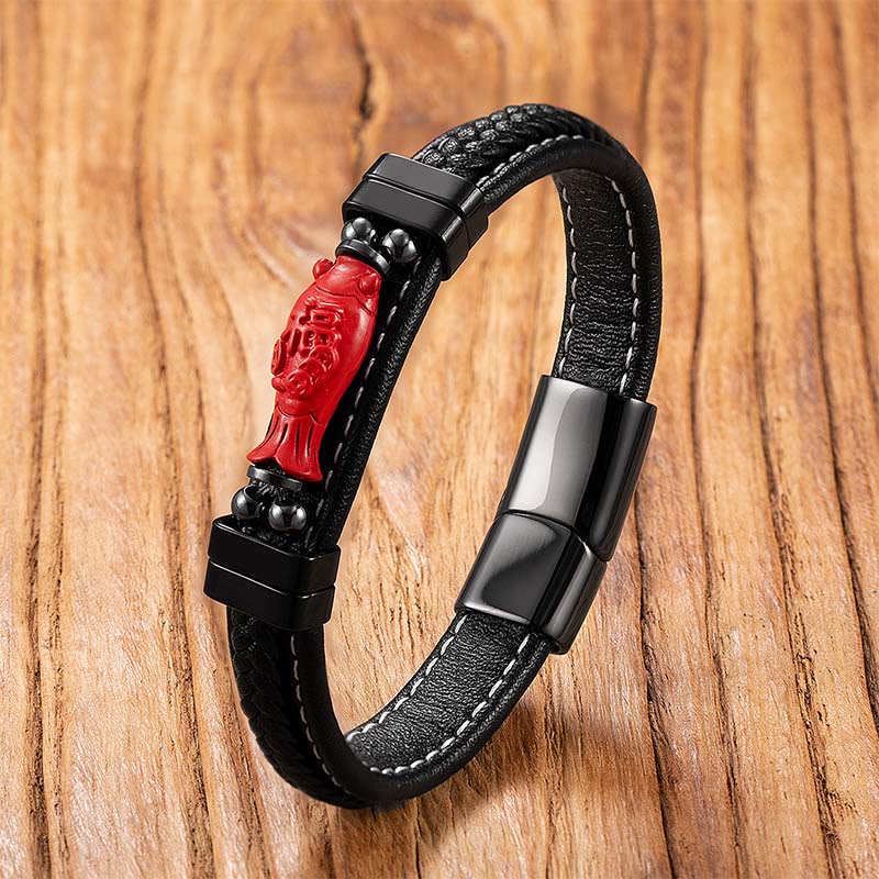 Buddha Stones Cinnabar Buddha Symbol Koi Fish Dragon Fu Character Pi Xiu Design Leather Blessing Bracelet - Koi Fish&Fu Character - 18-22cm - image 10