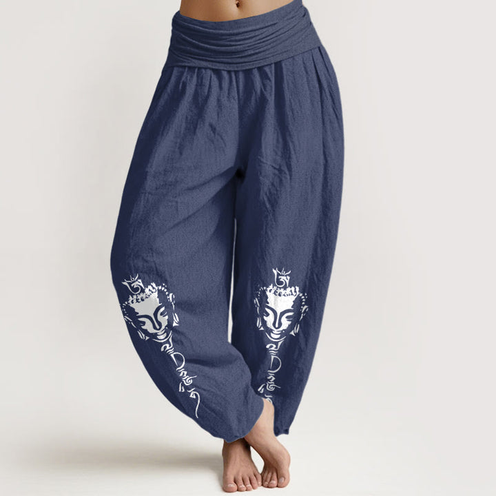 Buddha Stones Pure Cotton Concise Om Symbol Buddha Pattern Women's Elastic Waist Harem Pants - DarkSlateBlue - US16，UK/AU20，EU48 (3XL) - image 0