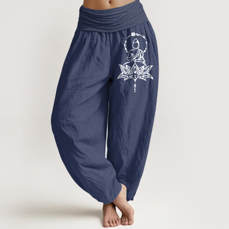 Buddha Stones Pure Cotton Concise Lotus Buddha Pattern Women's Elastic Waist Harem Pants - DarkSlateBlue - US16，UK/AU20，EU48 (3XL) - image 0