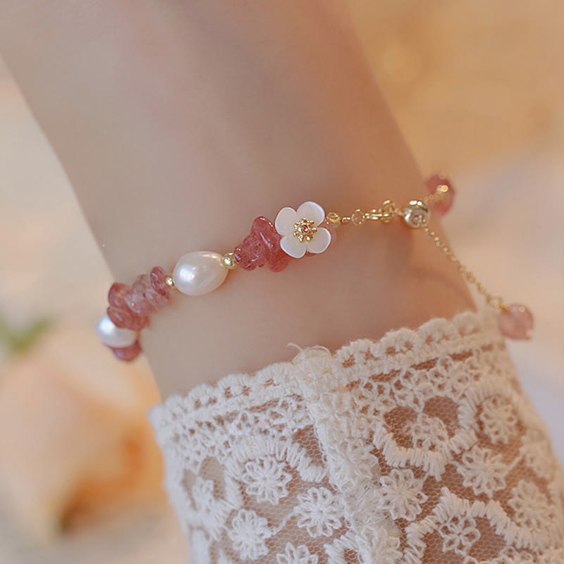 Buddha Stones White Flower Pearl Natural Irregular Strawberry Quartz Healing Chain Bracelet - Strawberry Quartz(Wrist Circumference: 14-18cm) - image 0