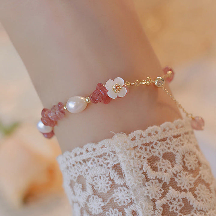 Buddha Stones White Flower Pearl Natural Irregular Strawberry Quartz Healing Chain Bracelet - Strawberry Quartz(Wrist Circumference: 14-18cm) - image 0