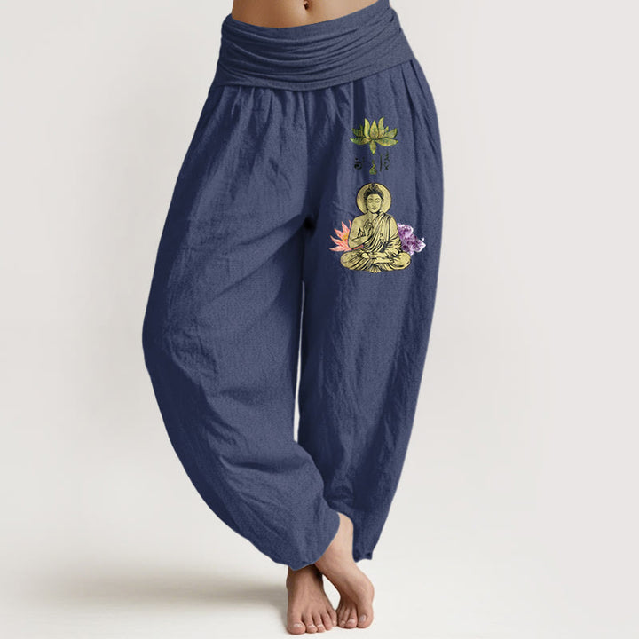 Buddha Stones Pure Cotton Traditional Lotus Buddha Pattern Women's Elastic Waist Harem Pants - DarkSlateBlue - US16，UK/AU20，EU48 (3XL) - image 5