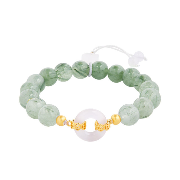 Buddha Stones 925 Sterling Silver Green Rutilated Quartz White Chalcedony Peace Buckle Courage Bracelet - image 4