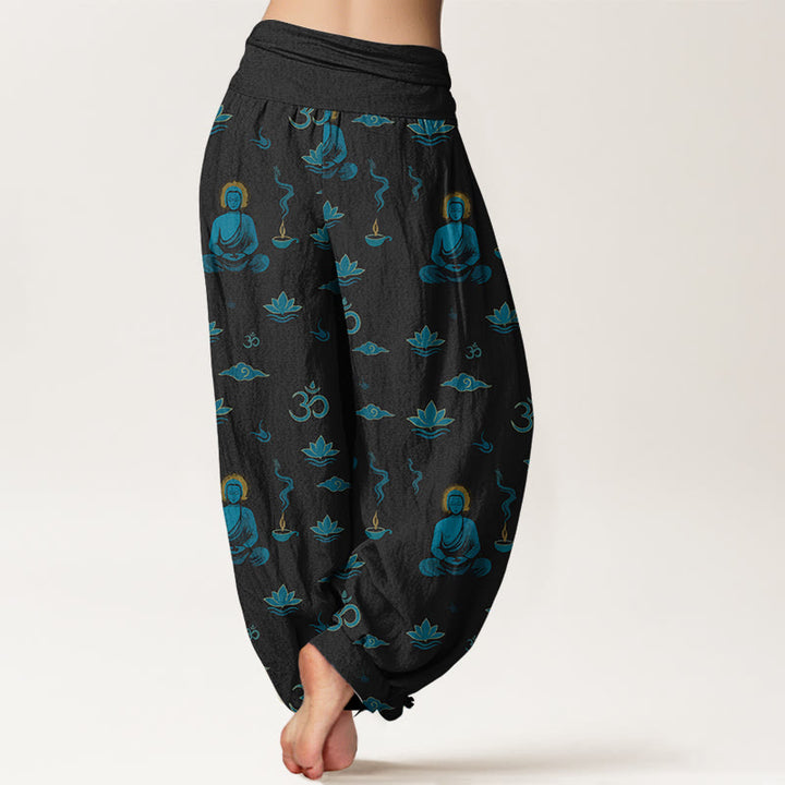 Buddha Stones Cotton Om Symbol Lotus Cloud Buddha Pattern Women's Elastic Waist Harem Pants - image 1