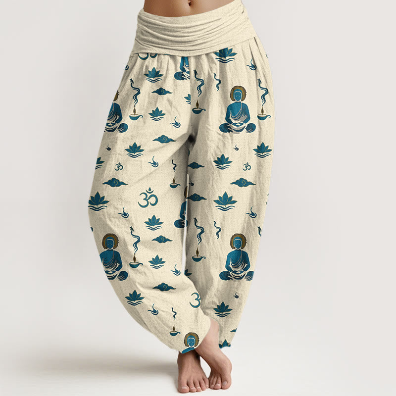Buddha Stones Cotton Om Symbol Lotus Cloud Buddha Pattern Women's Elastic Waist Harem Pants - LightGoldenrodYellow - US16，UK/AU20，EU48 (3XL) - image 8