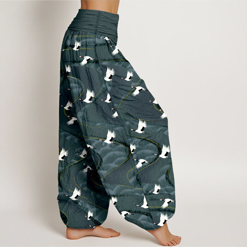 Buddha Stones Cotton Elegant Cranes Winding Lines Pattern Women's Elastic Waist Harem Pants - image 2