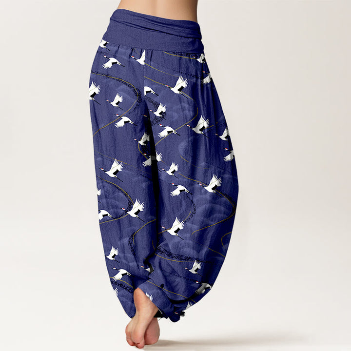 Buddha Stones Cotton Elegant Cranes Winding Lines Pattern Women's Elastic Waist Harem Pants - image 9