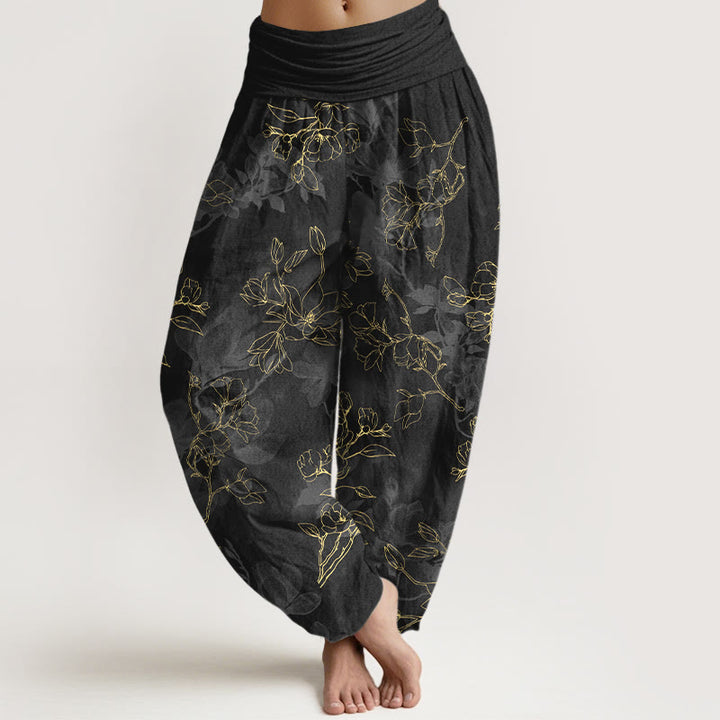 Buddha Stones Cotton Fresh Flower Bud Pattern Women's Elastic Waist Harem Pants - Black - US16，UK/AU20，EU48 (3XL) - image 5