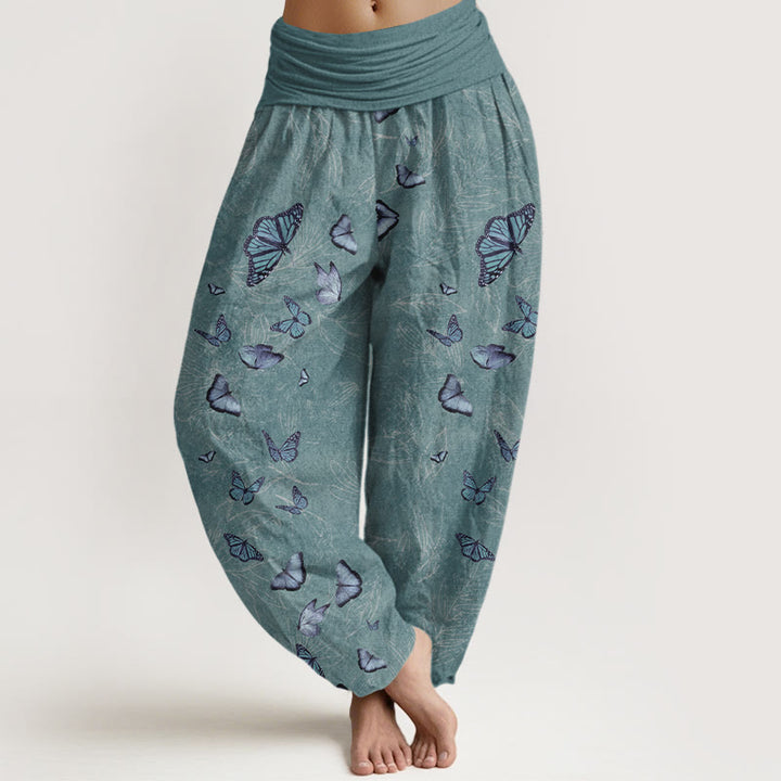 Buddha Stones Cotton Dreamlike Butterfly Leaf Pattern Women's Elastic Waist Harem Pants - Teal - US16，UK/AU20，EU48 (3XL) - image 5