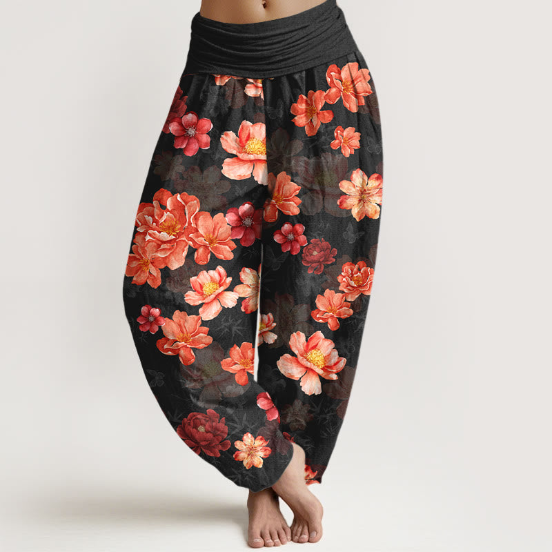 Buddha Stones Cotton Intensely Colored Flower Pattern Women's Elastic Waist Harem Pants - Black - US16，UK/AU20，EU48 (3XL) - image 0