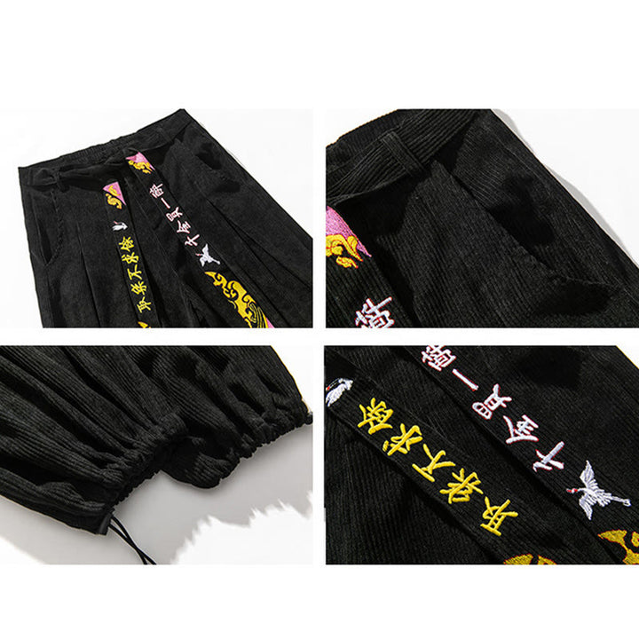 Buddha Stones Fall Winter Lace-up Chinese Character Embroidery Men's Corduroy Pants With Pockets - image 4