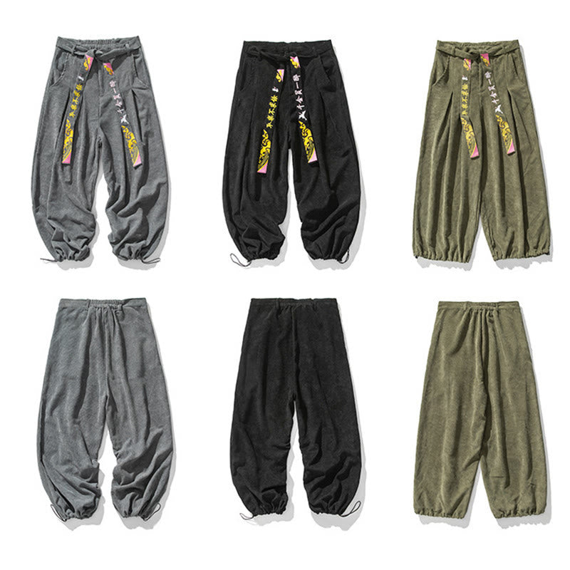 Buddha Stones Fall Winter Lace-up Chinese Character Embroidery Men's Corduroy Pants With Pockets - image 12