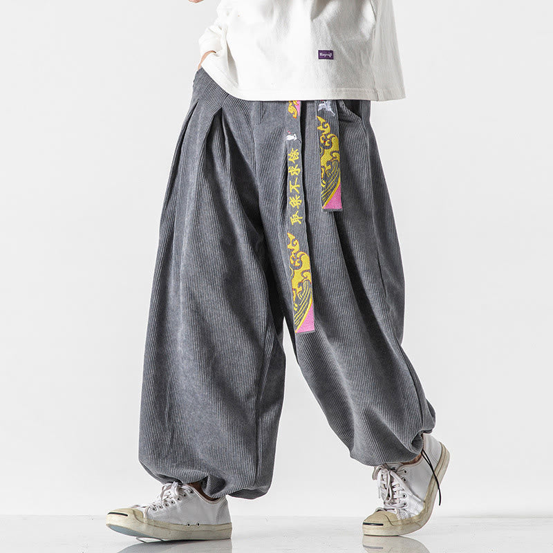 Buddha Stones Fall Winter Lace-up Chinese Character Embroidery Men's Corduroy Pants With Pockets - image 6