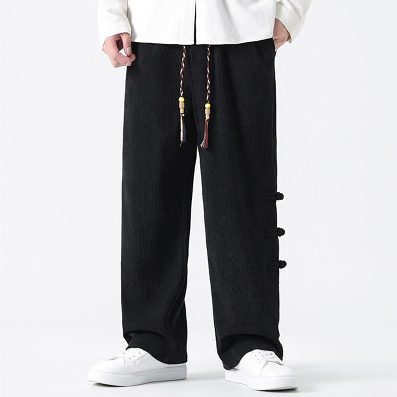 Buddha Stones Fall Solid Frog-Button Men's Drawstring Corduroy Straight Leg Pants With Pockets - image 21