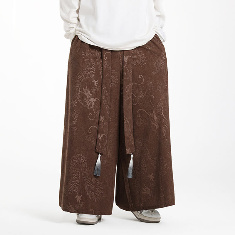 Buddha Stones Dragon Jacquard Drawstring Design Men's Corduroy Wide Leg Pants With Pockets - image 3