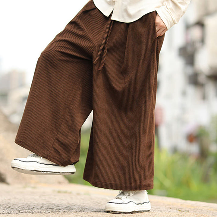 Buddha Stones Fall Solid Color Drawstring Design Men's Corduroy Wide Leg Pants With Pockets - image 19