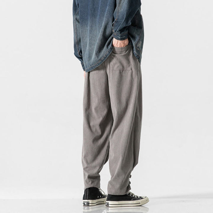 Buddha Stones Fall Winter Men's Pure Color Button Design Cotton Straight Leg Pants With Pockets - image 4