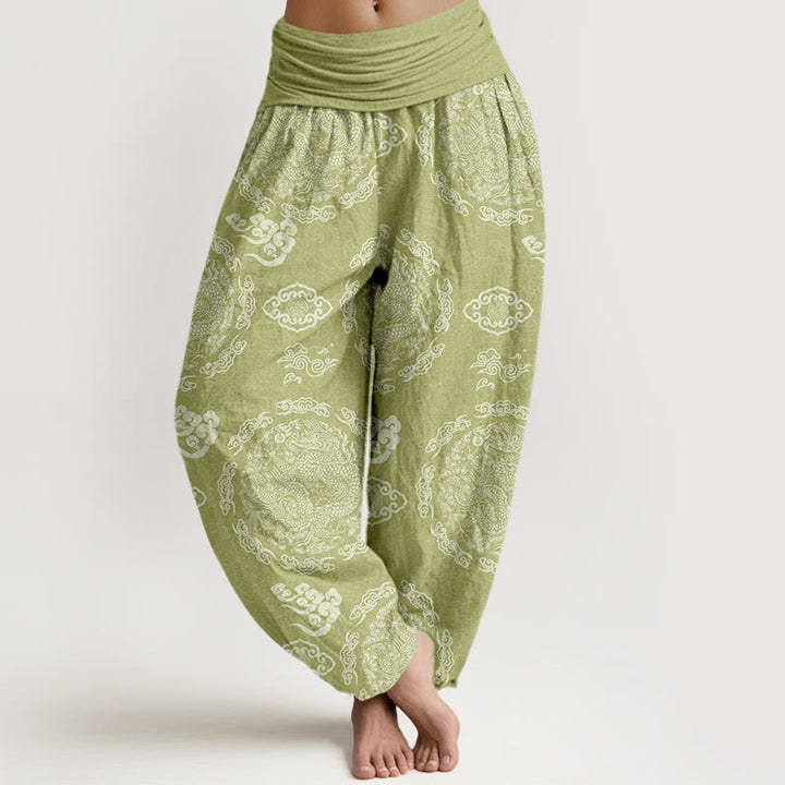 Buddha Stones Cotton Light Color Dragon Cloud Pattern Women's Elastic Waist Harem Pants - YellowGreen - US16，UK/AU20，EU48 (3XL) - image 5