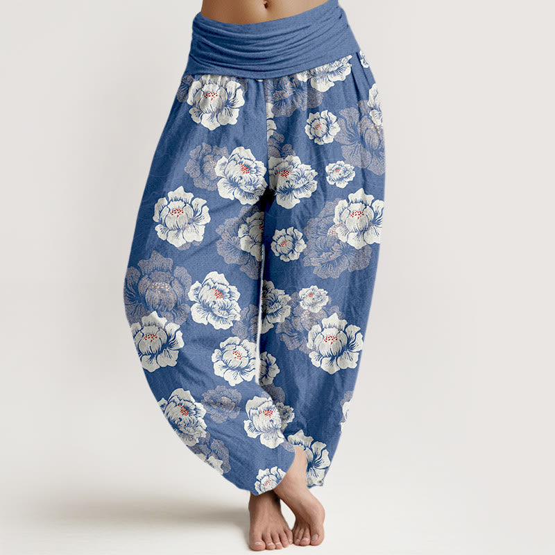 Buddha Stones Cotton Elegant White Flowers Pattern Women's Elastic Waist Harem Pants - RoyalBlue - US16，UK/AU20，EU48 (3XL) - image 5