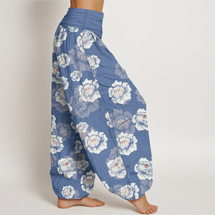 Buddha Stones Cotton Elegant White Flowers Pattern Women's Elastic Waist Harem Pants - image 7