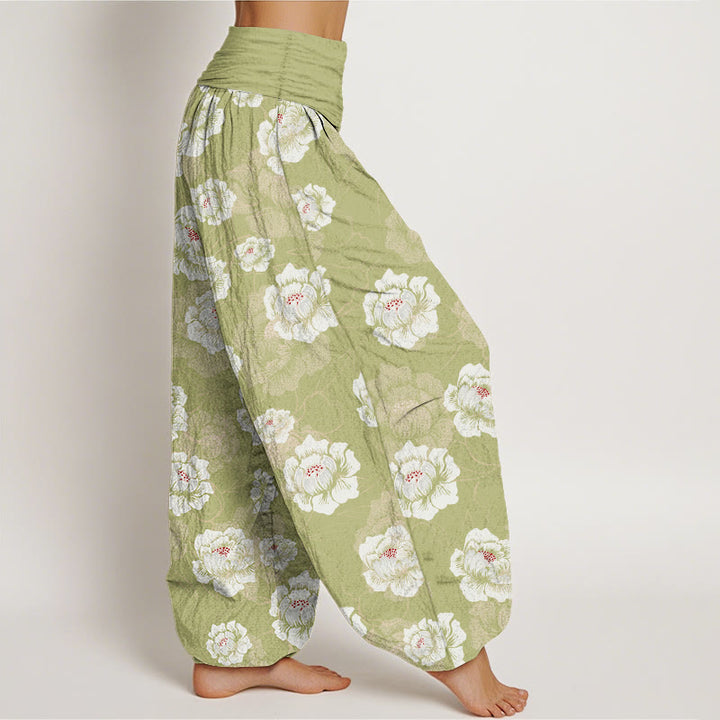 Buddha Stones Cotton Elegant White Flowers Pattern Women's Elastic Waist Harem Pants - image 10