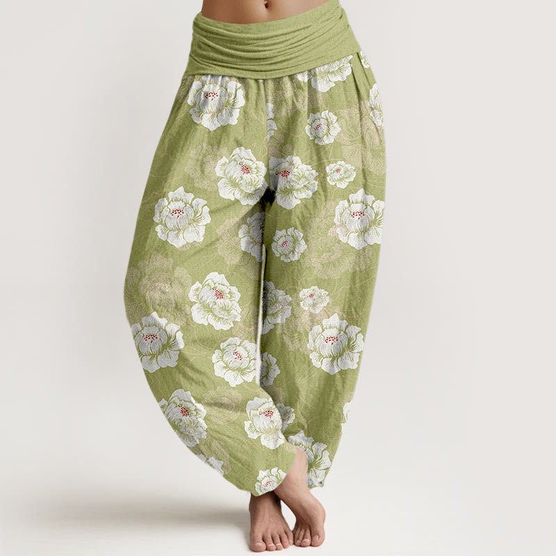 Buddha Stones Cotton Elegant White Flowers Pattern Women's Elastic Waist Harem Pants - YellowGreen - US16，UK/AU20，EU48 (3XL) - image 8