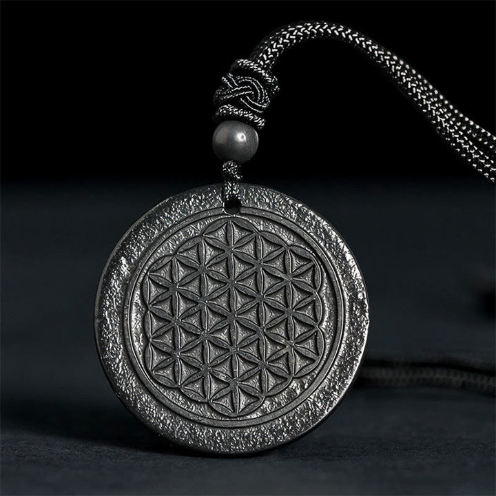 Buddha Stones Flower of Life Carving Design Authentic Shungite Stone Protection Necklace Pendant - Flower of Life(Relief Carving) - 35-40mm - image 0