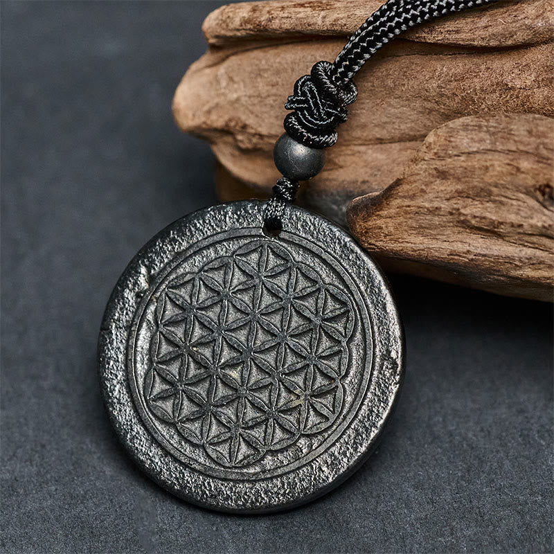 Buddha Stones Flower of Life Carving Design Authentic Shungite Stone Protection Necklace Pendant - image 1