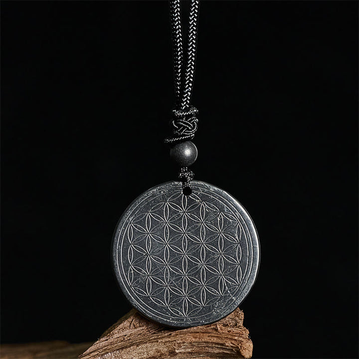 Buddha Stones Flower of Life Carving Design Authentic Shungite Stone Protection Necklace Pendant - image 10