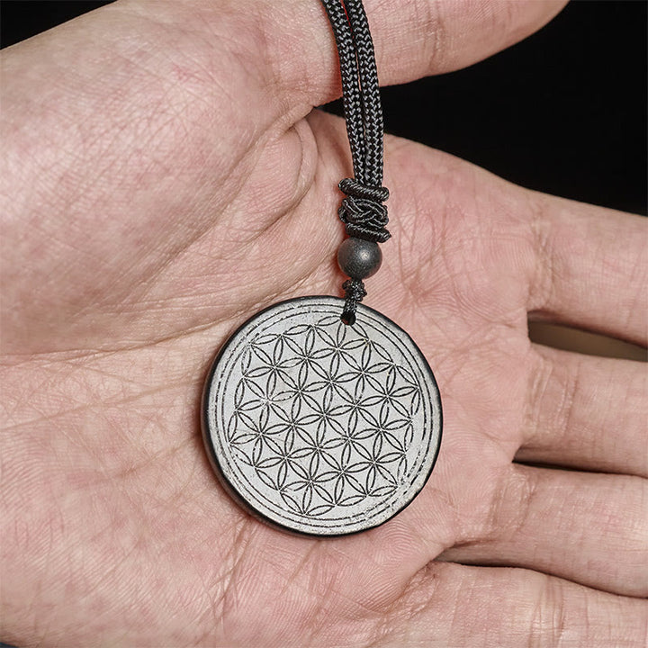 Buddha Stones Flower of Life Carving Design Authentic Shungite Stone Protection Necklace Pendant - image 11
