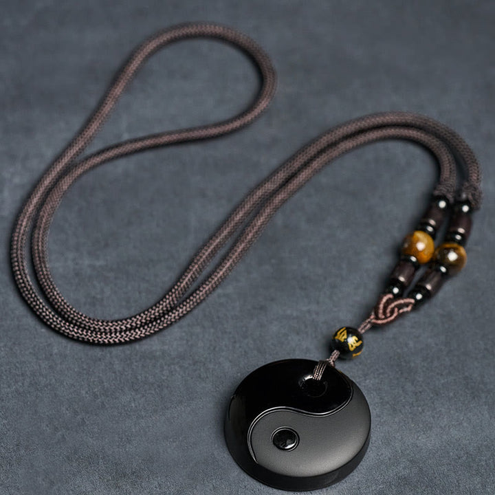 Buddha Stones Yin Yang Symbol Om Mani Padme Hum Black Obsidian Strength Necklace Pendant - image 6