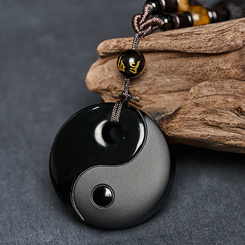 Buddha Stones Yin Yang Symbol Om Mani Padme Hum Black Obsidian Strength Necklace Pendant - image 3