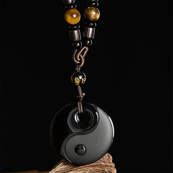 Buddha Stones Yin Yang Symbol Om Mani Padme Hum Black Obsidian Strength Necklace Pendant - image 1