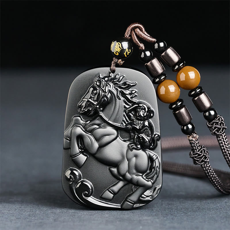 Buddha Stones Year of the Horse Monkey Pattern Om Mani Padme Hum Black Obsidian Strength Necklace Pendant - Horse&Monkey&Six True Words - image 0