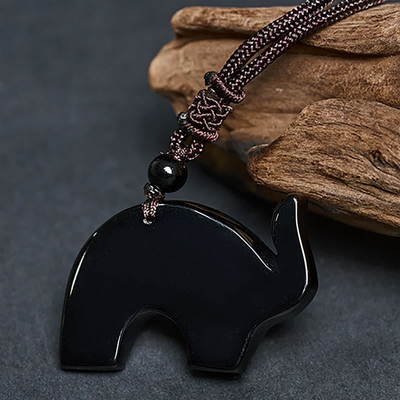 Buddha Stones Elephant Symbol Carved Design Black Obsidian Strength Necklace Pendant - image 4