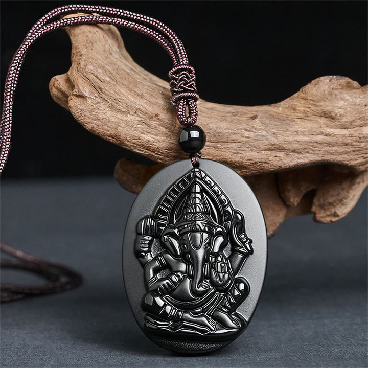 Buddha Stones Ganesh Elephant Relief Design Natural Black Obsidian Strength Necklace Pendant - image 1