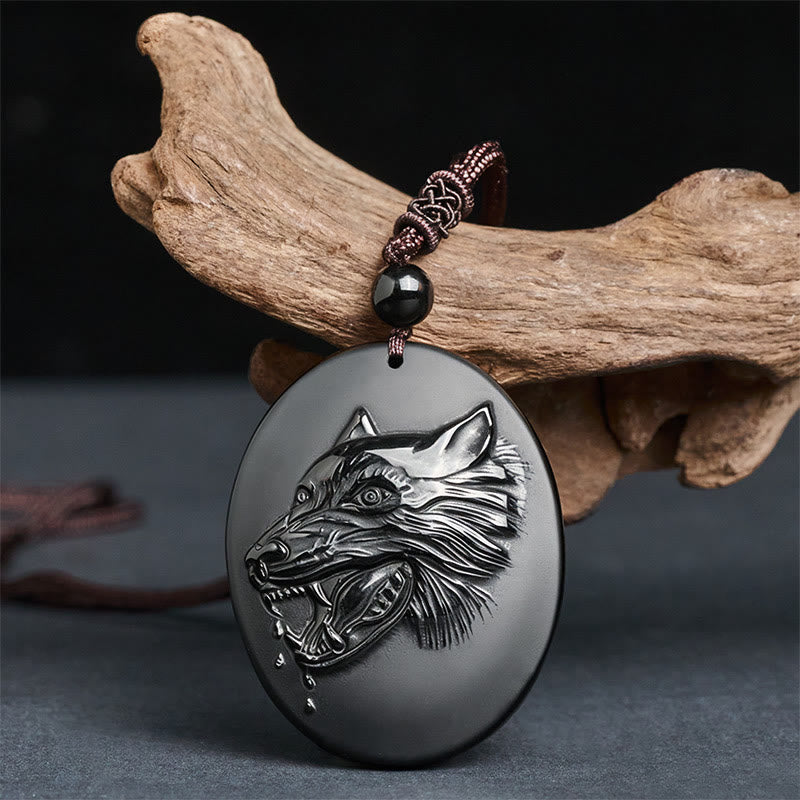 Buddha Stones Wolf Head Natural Black Obsidian Strength Necklace Pendant - image 1