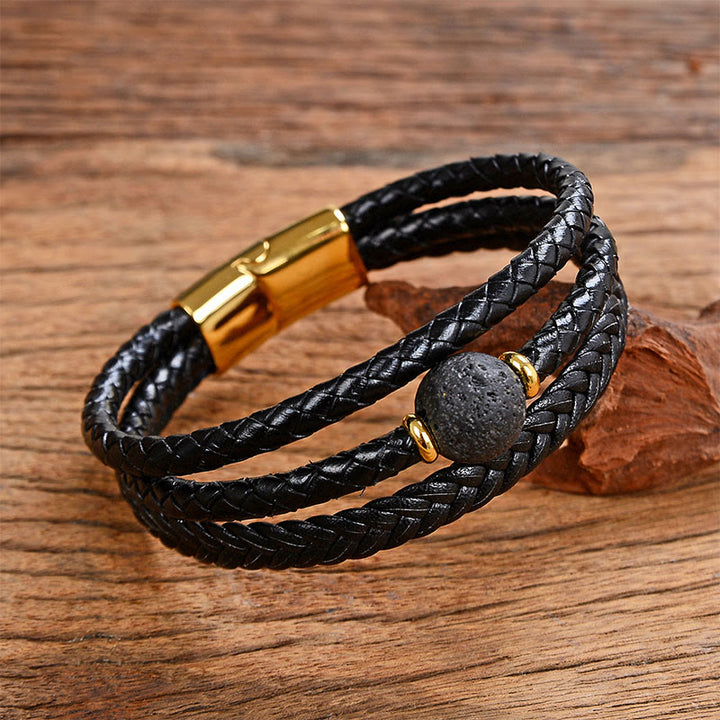 Buddha Stones Multicolored Bead Amethyst Lazurite Craved Six True Words Braided Leather Balance Bracelet - Lava Rock - 18-22cm - image 23