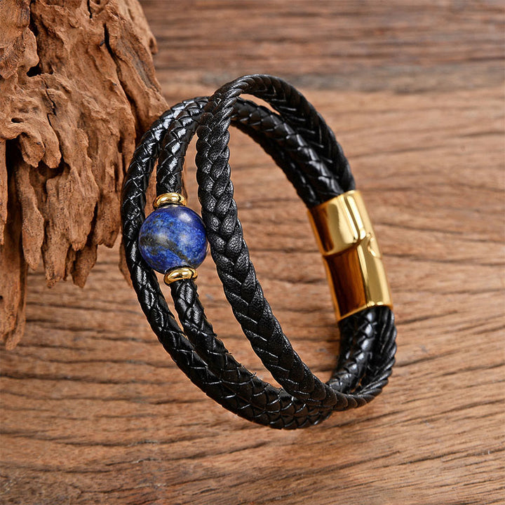 Buddha Stones Multicolored Bead Amethyst Lazurite Craved Six True Words Braided Leather Balance Bracelet - Lazurite - 18-22cm - image 12