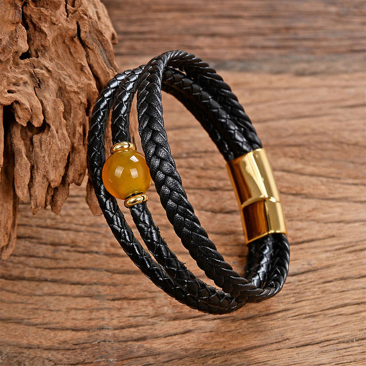 Buddha Stones Multicolored Bead Amethyst Lazurite Craved Six True Words Braided Leather Balance Bracelet - Yellow Agate - 18-22cm - image 25