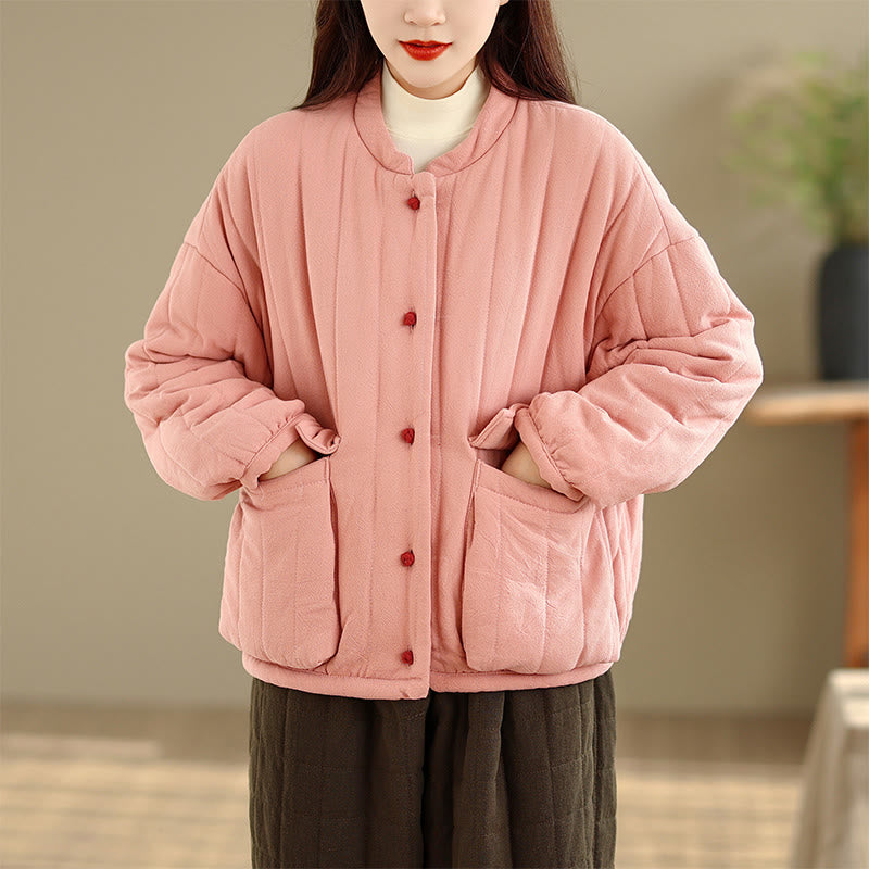 Buddha Stones Frog-Button Striped Design Long Sleeve Thickened Cotton Women's Jacket With Pockets - image 1