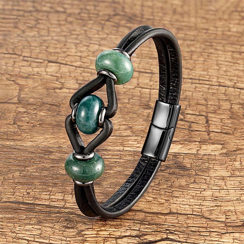 Buddha Stones Amethyst Crystal Stone Double Leather Relieves Stress Round Bracelet - Moss Agate - 18-22cm - image 13