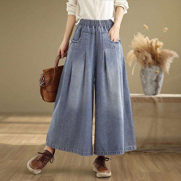 Buddha Stones Fall Vintage Distressed Design High Waist Women's Wide Leg Pants With Pockets - DarkBlue - US8-10，UK/AU12-14，EU40-42 (2XL) - image 0