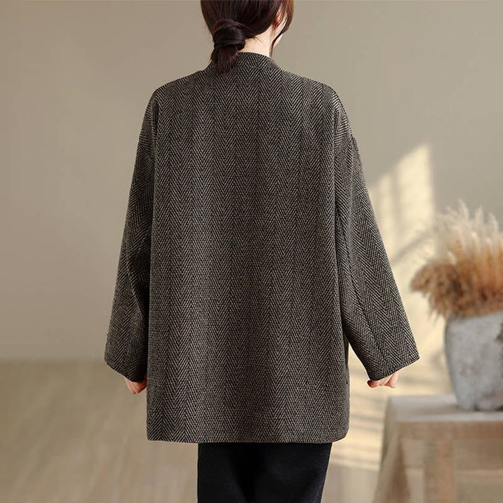 Buddha Stones Stripe V-Neck Cotton Long Sleeve Women's Coat With Pockets - image 16