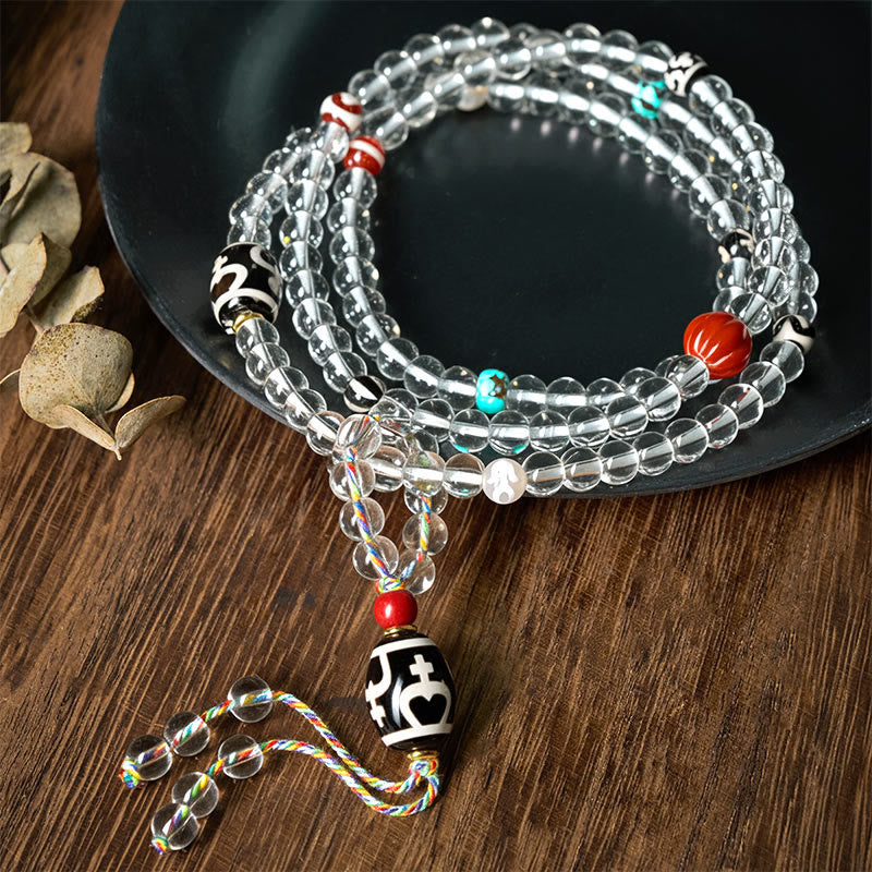 Buddha Stones 108 Beads Liuli Crystal Dzi Bead Agate Blessings Tassel Mala - Black Dzi Bead - 6mm - image 0