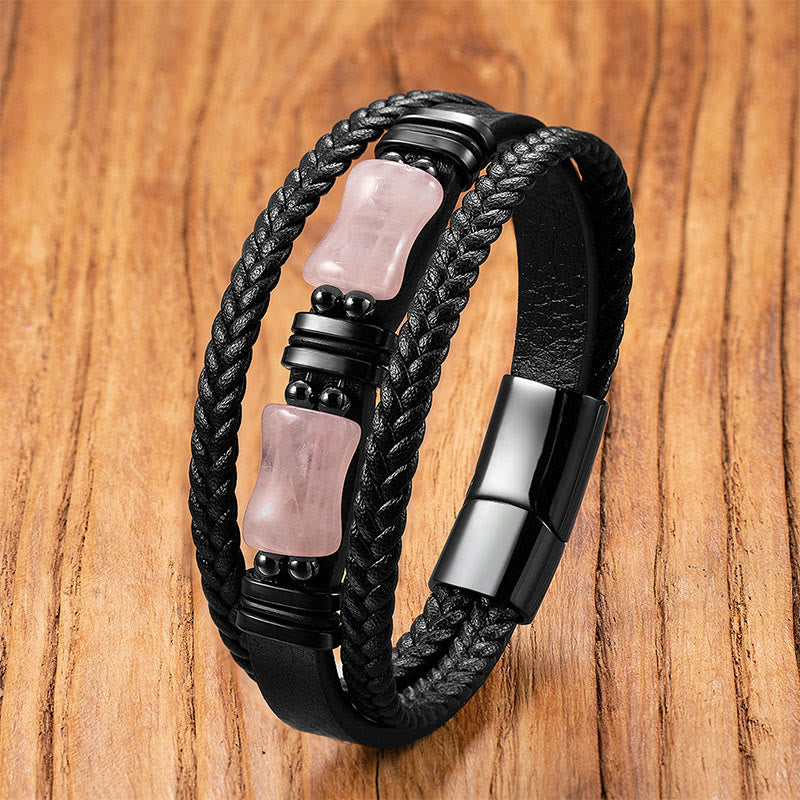 Buddha Stones Green Aventurine Amethyst Black Onyx Pink Crystal Positivit Braided Leather Bracelet - Pink Crystal - 18-22cm - image 8