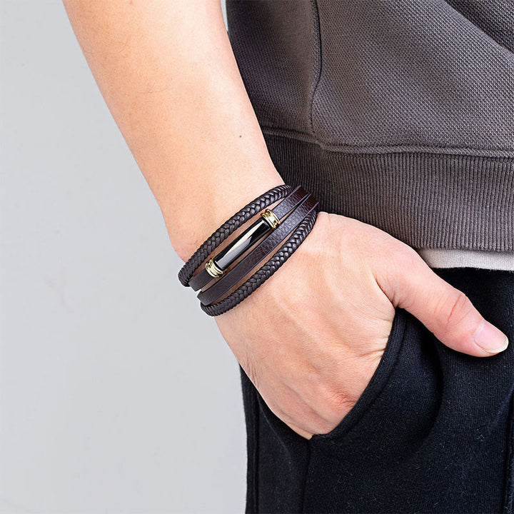 Buddha Stones Multi-layered Simple Design Leather Titanium Steel Balance Bracelet - image 7