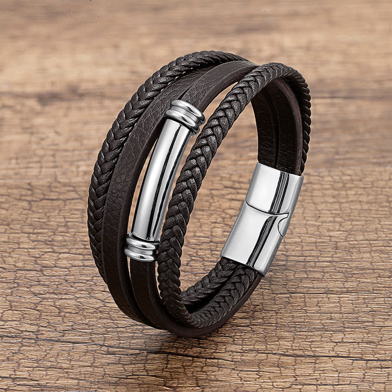 Buddha Stones Multi-layered Simple Design Leather Titanium Steel Balance Bracelet - Silver - 18-22cm - image 3