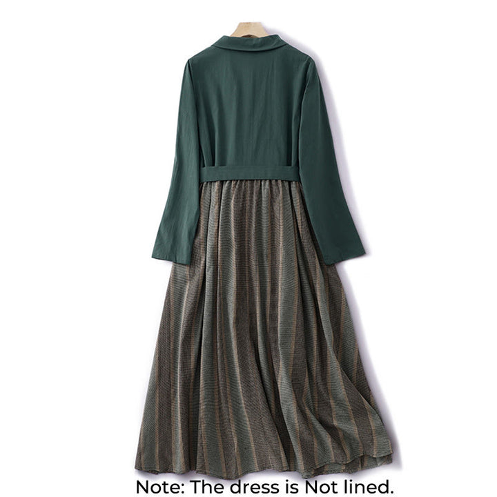 Buddha Stones Lapel Color Blocking Design Long Sleeve Cotton Midi Dress With Pockets - image 1