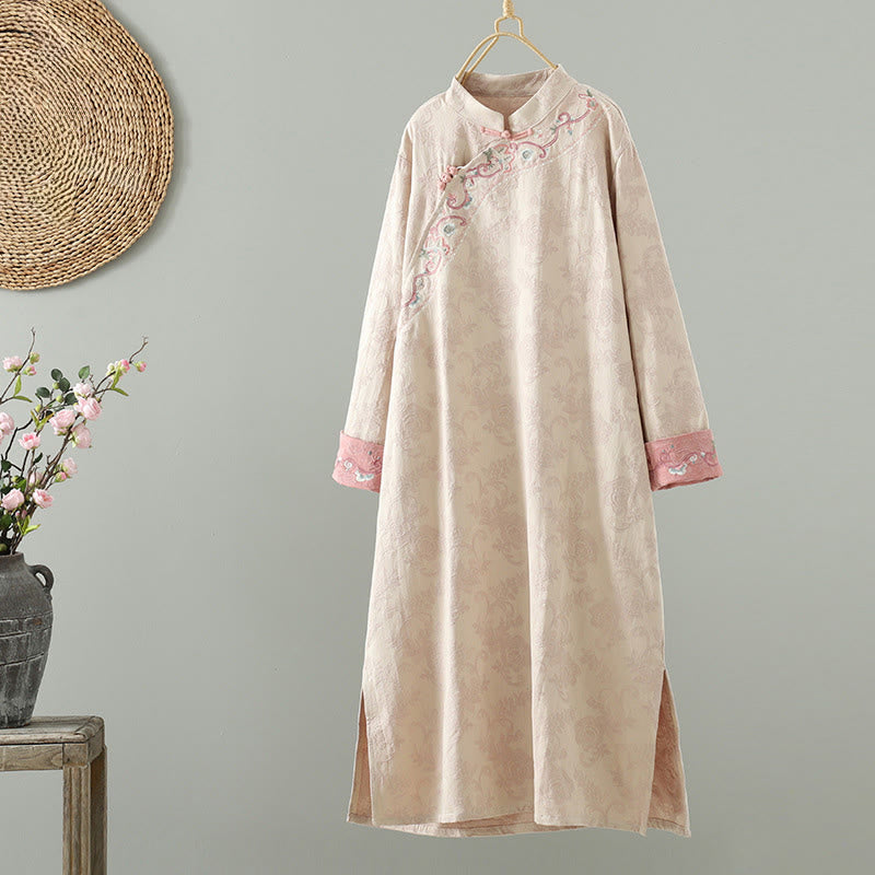 Buddha Stones Stand Collar Frog-Button Flower Pattern Embroidery Design Long Sleeve Midi Dress - MistyRose - US8-10，UK/AU12-14，EU40-42 (2XL) - image 0